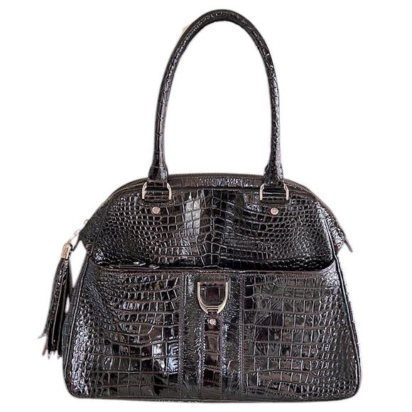 LN Cole Haan Brown Embossed Crocodile Patent Leather Tassel Satchel Handbag - Picture 1 of 16